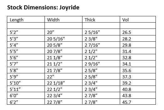 Joyride Stock Dimension